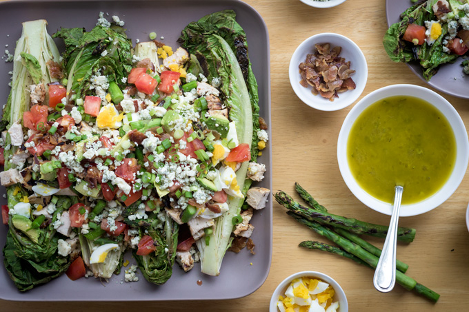 Top View of Grilled Cobb Salad with Lemon Herb Vinaigrette